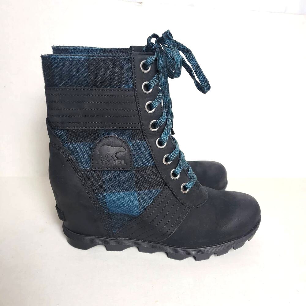 Sorel Blue Plaid Lexie Wedge Booties SZ 9.5 - Picture 1 of 5